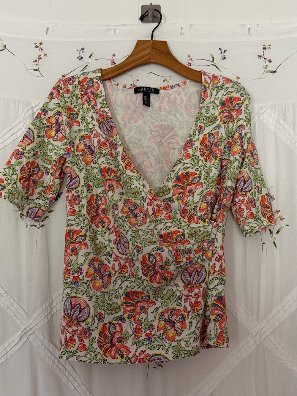 Ralph Lauren Floral V-Neck Short Sleeve Top in Cream and Red-Orange